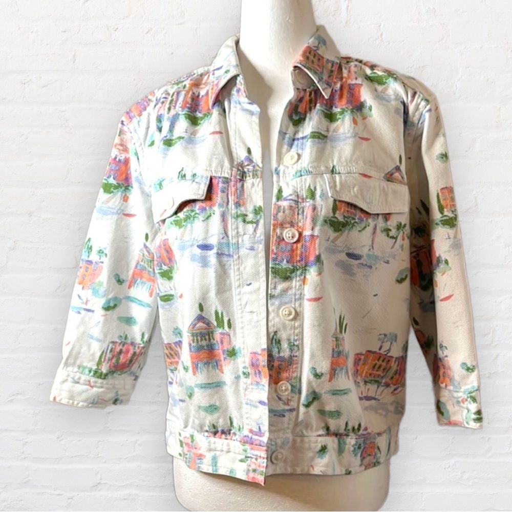 CHRISTOPHER & Banks cotton jacket white w/ beach motif chest pockets SZ S